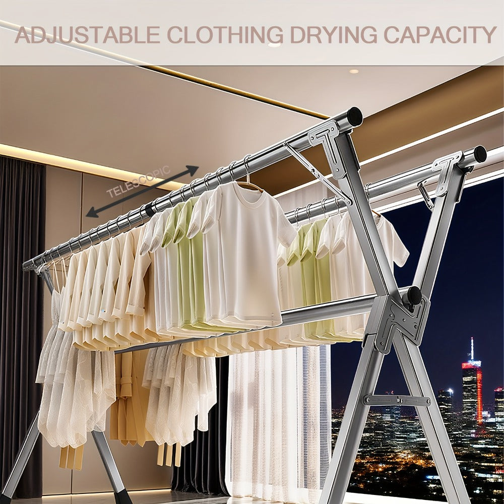Folding A-Frame Clothes Drying Rack with Telescopic Rods, Wheels, Hooks and Four 62.9-94.4-Inch Layouts