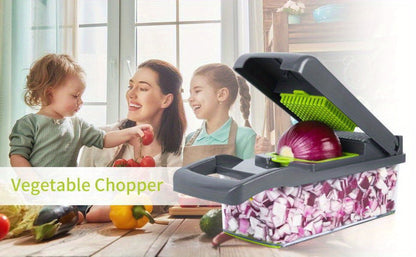 Vegetable Chopper 16-in-1 Manual Food Chopper Set, 8 Interchangeable Blades with Container, Grater & Strainer