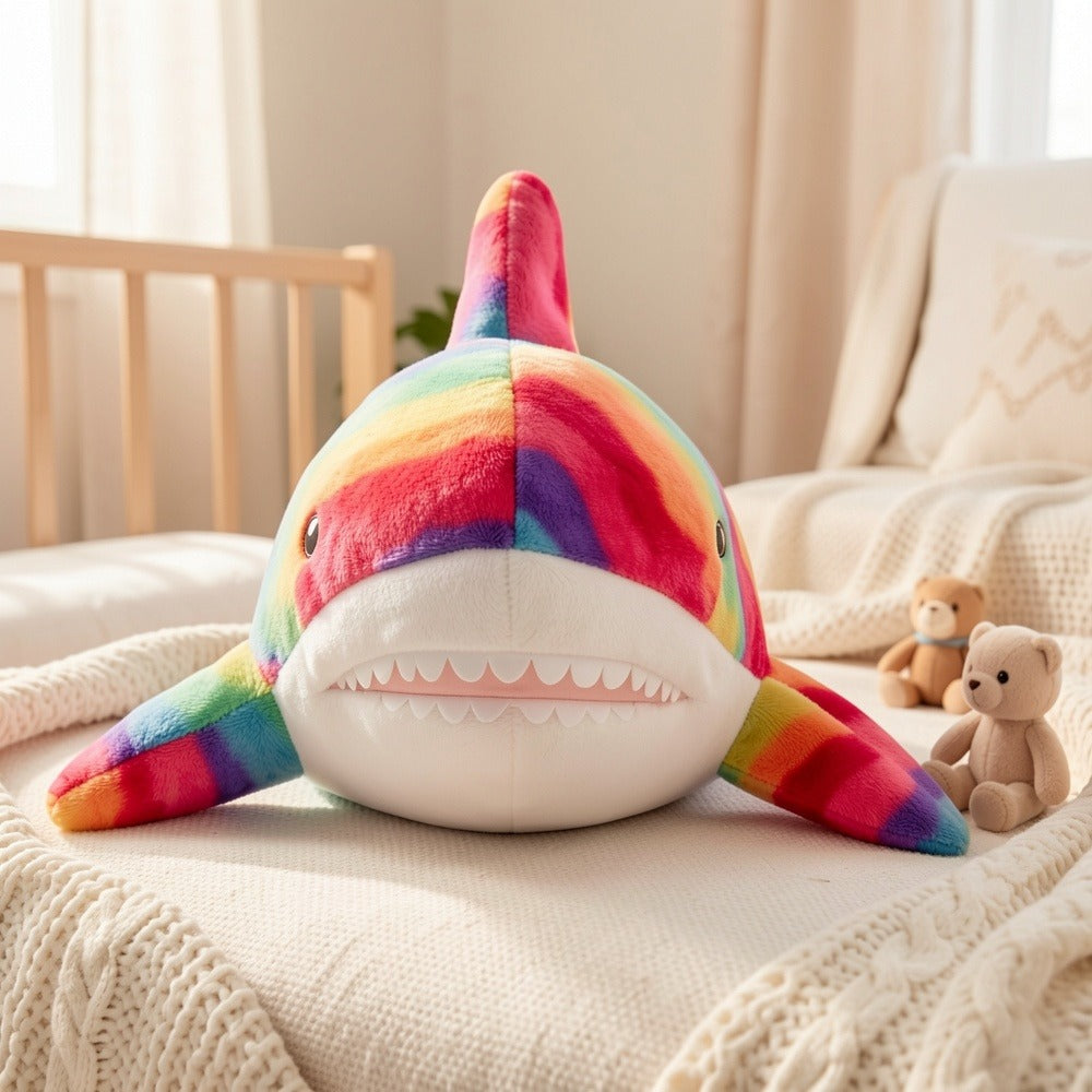 Stuffed Animal Rainbow Shark with Long Pillow Shape, Mixed Colors and Soft Plush Fabric for Room Decor