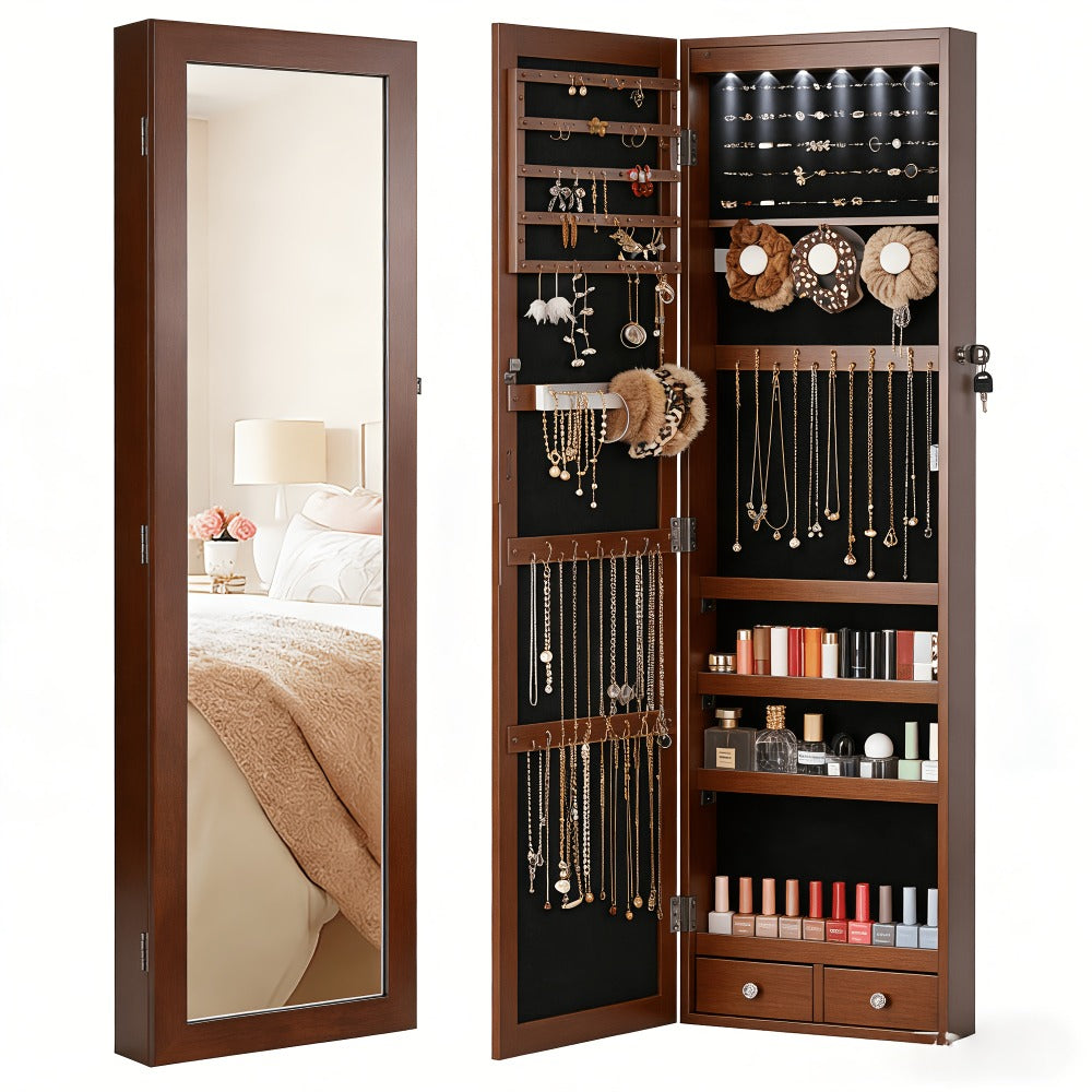 Jewelry Armoire Floor Standing 47.2" Full-Length Mirror Cabinet with 6 LED Lights Dual Lock