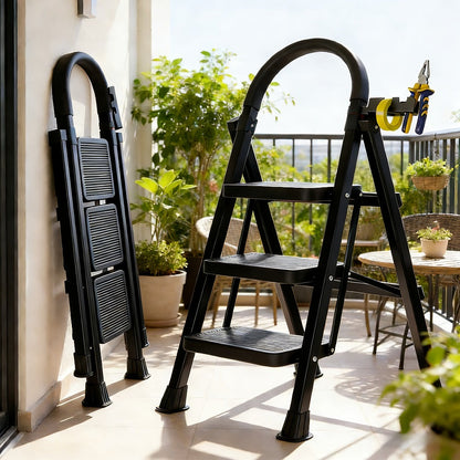 Folding Step Stool Ladder Steel with Anti-Slip Wide Treads & Handrails, Safety Lock, Portable Multi-Step Ladder for Home
