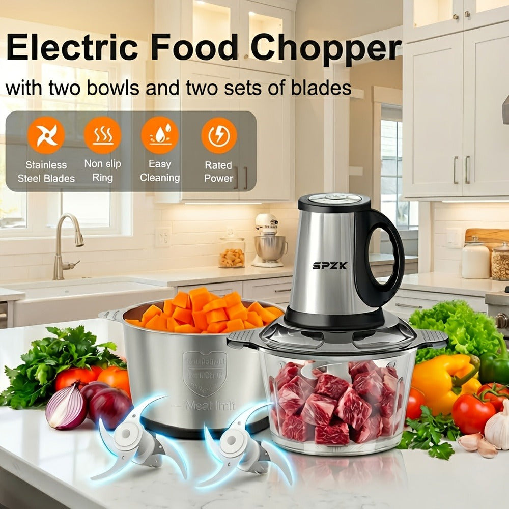 Electric Food Chopper with 2 Bowls & 2 Blades, Multi-Function Food Processor, Meat Grinder & Vegetable Chopper for Meats