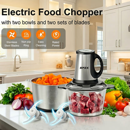 Electric Food Chopper with 2 Bowls & 2 Blades, Multi-Function Food Processor, Meat Grinder & Vegetable Chopper for Meats