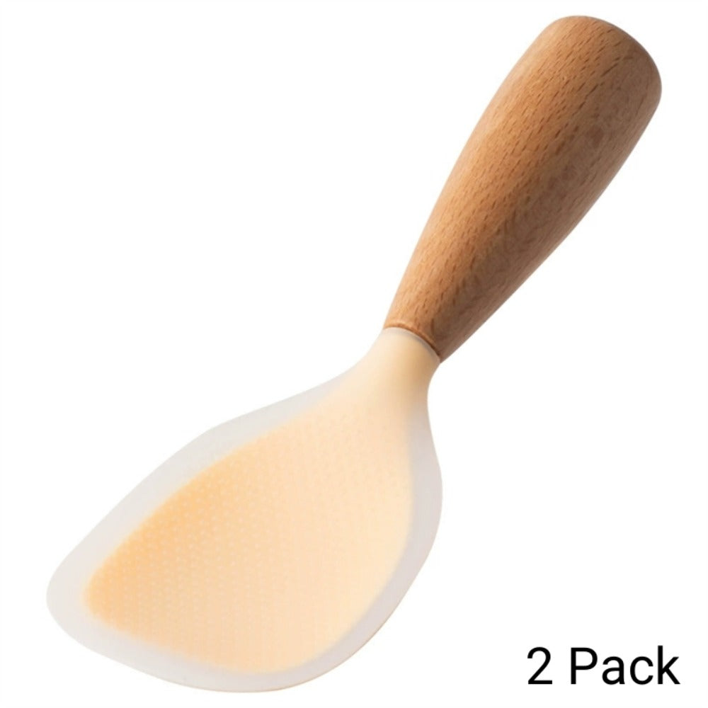 Silicone Rice Spatula Serving Spoon 2 Pack Wooden Handle Heat Resistant Durable Standing for Home Cooking, Dining and Outdoor Meals