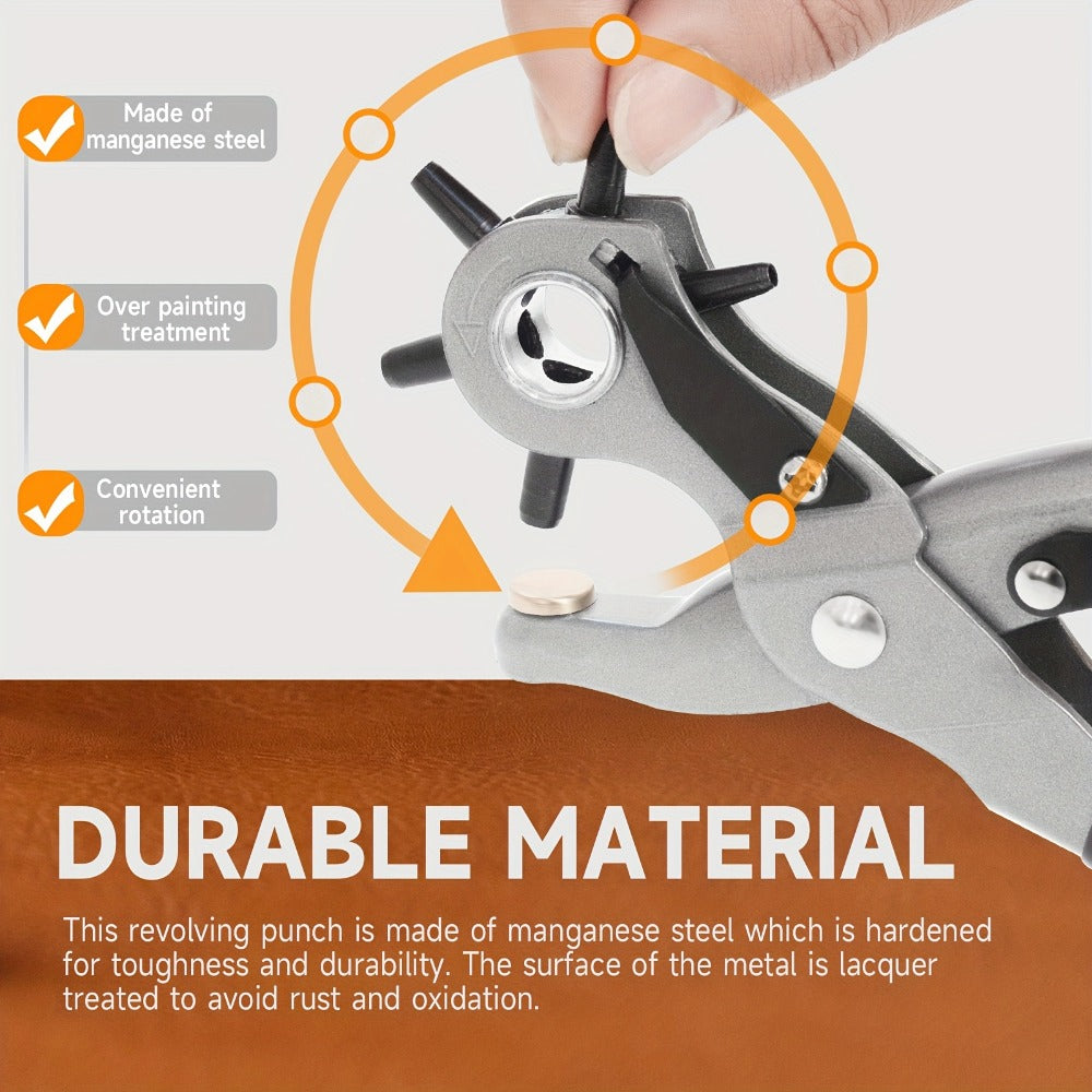 Leather Hole Punch for Belt – Heavy Duty 6-Hole Rotary Belt Puncher Kit for Saddles Shoes Fabric DIY Craft Projects Upgraded Round Hole
