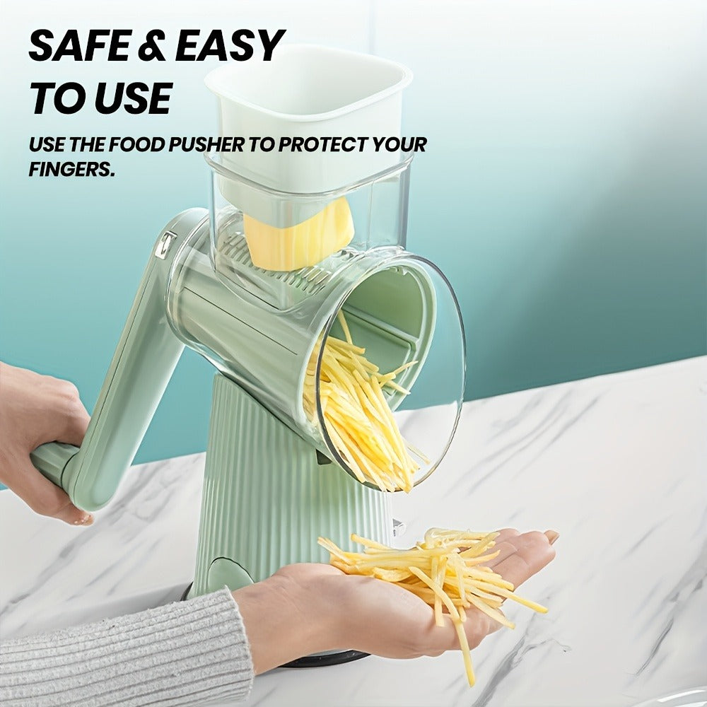 Rotary Cheese Grater with Interchangeable Blades, 5-in-1 Manual Vegetable Slicer Shredder Set, Suction Cup Base