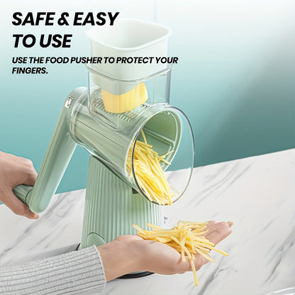 Rotary Cheese Grater with Interchangeable Blades, 5-in-1 Manual Vegetable Slicer Shredder Set, Suction Cup Base