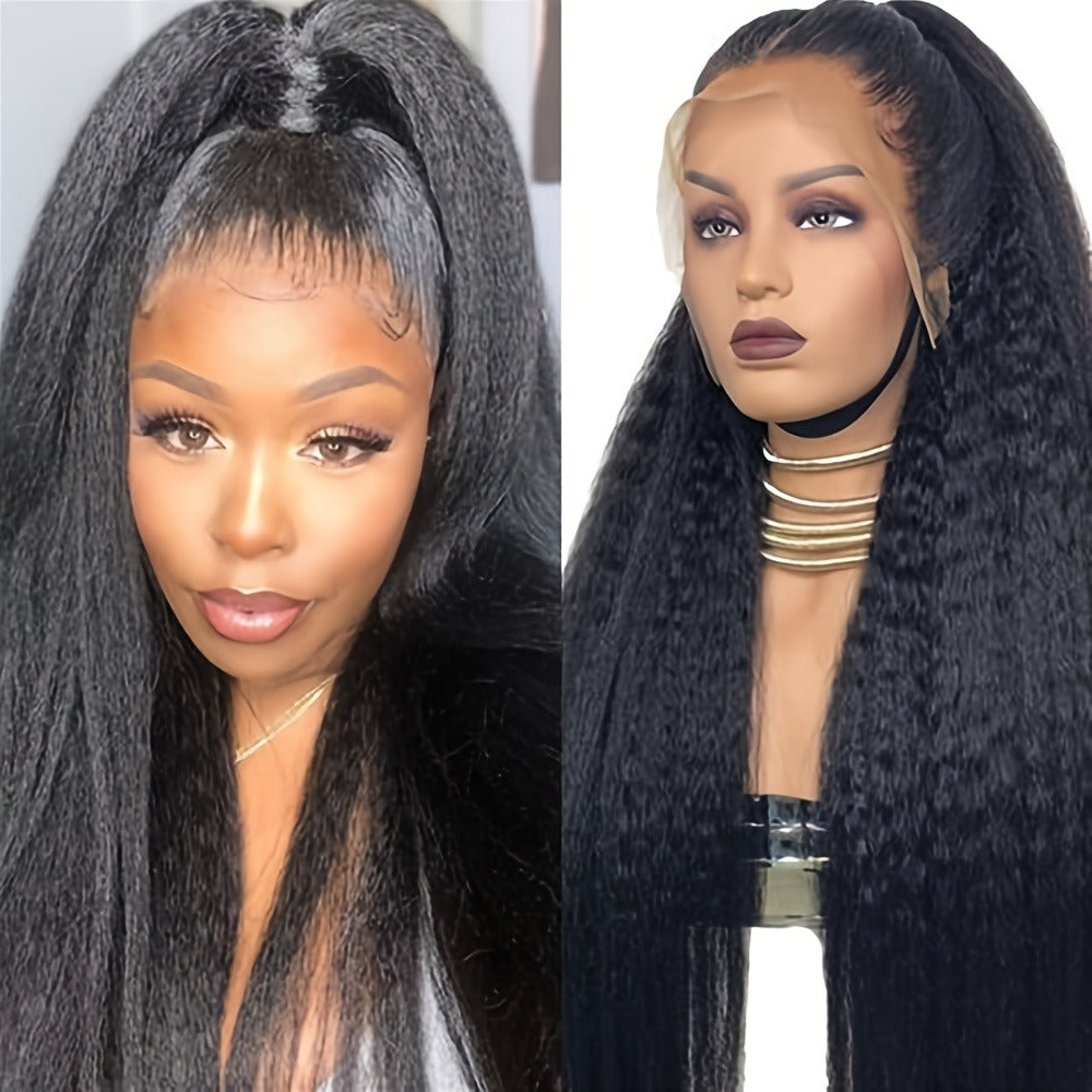 Synthetic Wig 26-Inch Black Kinky-Straight Yaki with HD Lace Front, Glueless Cap and with Item-Specific Color, Length, Texture and Cap