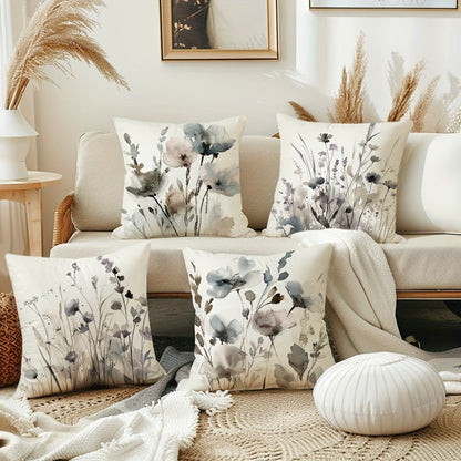 Four-Piece Watercolor Poppy Pillow Cover Set, 17.72 x 17.72 Inches with Neutral Botanical Prints