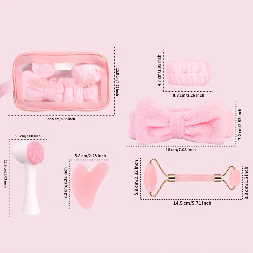 Facial Cleansing Massage Set 7Pcs Silicone Face Brush Double-Headed Roller Massager Heart Scraping Board Wristbands Hair Band Pink Storage