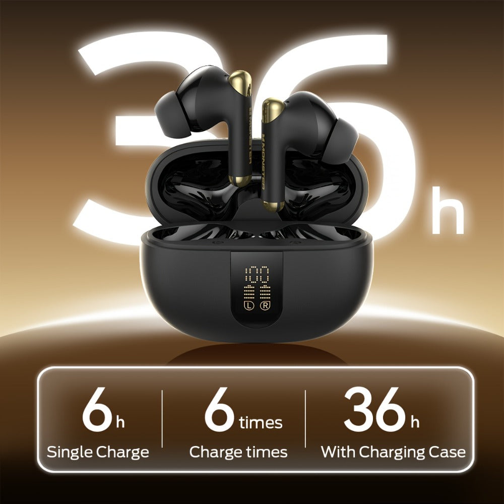 Wireless Earbuds Monster Sport In-Ear with Call Noise Reduction Mic and LED Display Case in Black
