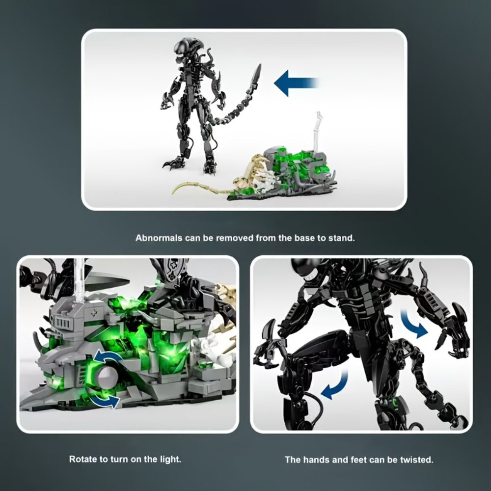 Building Block Set Alien Beast with 958 Pieces, Articulated Black Figure, Scene Base and Long Tail