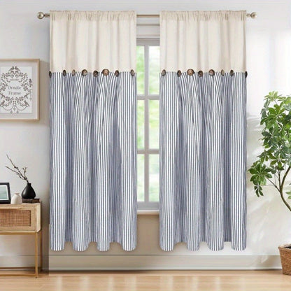 Striped Patchwork Window Curtain Set with Rod-Pocket Top, Six Colors and Five Panel-Count or Size Options
