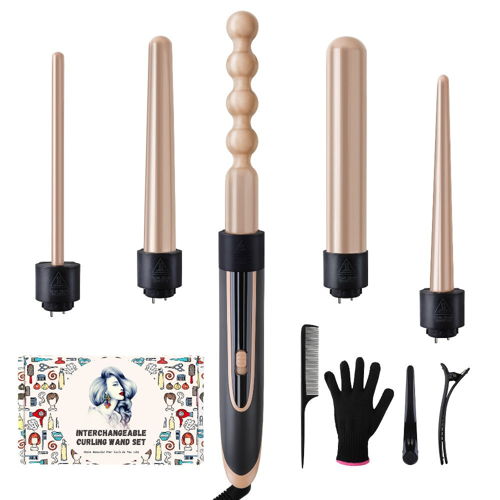 5-in-1 Curling Wand Set Ceramic Interchangeable Barrels 0.4-1.25 Inch – 30s Fast Heat, for Home, Travel and Salon Hair Styling