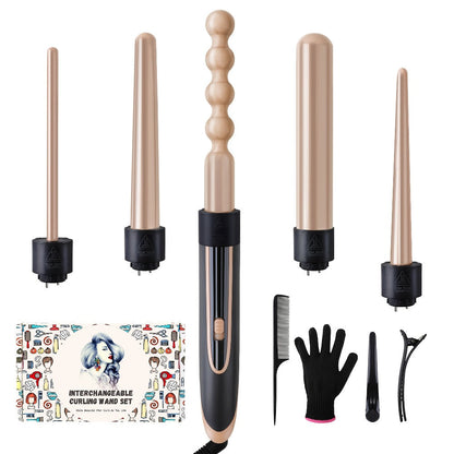 5-in-1 Curling Wand Set Ceramic Interchangeable Barrels 0.4-1.25 Inch – 30s Fast Heat, for Home, Travel and Salon Hair Styling