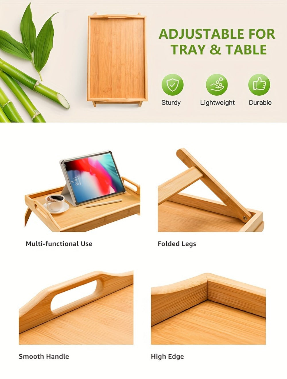 Bamboo Bed Tray Table with Foldable Legs & Handles, Breakfast Tray for Eating, Working & Snacking in Bed