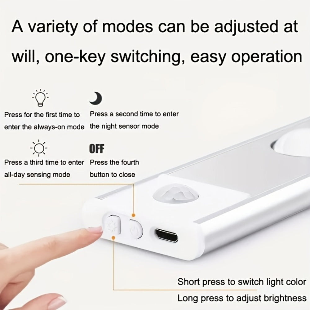 LED Sensor Strip Light USB Rechargeable – 3-Color Dimmable Motion Sensing Wireless Night Light for Kitchen, Wardrobe, Cabinet