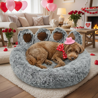 Dog Bed Cat Bed Bear Paw Shaped Donut – Calming Round Plush Pet Mattress, Warm & Soft Cuddler Bed for Dogs and Cats, Includes Pet Scarf