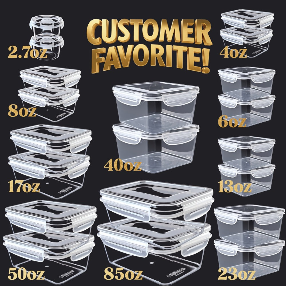Food Storage Containers with Lids, 10- or 40-Piece PP Set with Easy-Snap Lids, Labels and Markers in Two Colors