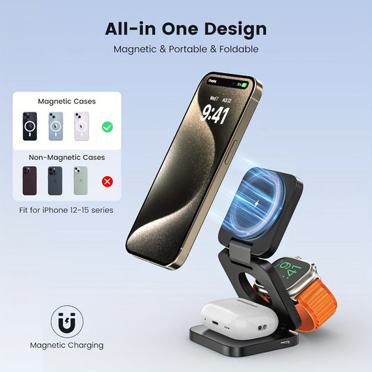 Charging Station for Apple Devices, Alilong Foldable 3-in-1 Magnetic Travel Dock in Black for Apple Devices