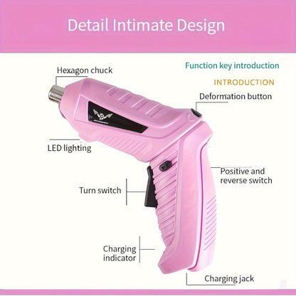 Pink Electric Screwdriver Set 47pcs 3.6V Cordless Drill Screwdriver Rechargeable 3.5Nm Torque for Entryways, Bedrooms and Living Spaces
