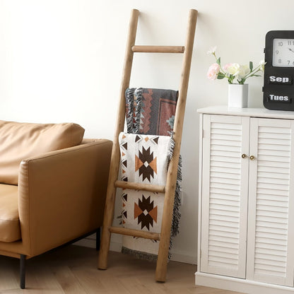 Blanket Ladder 57 Inch Wood Freestanding Farmhouse Quilt & Towel Display Rack - Rustic Wooden Wall Leaning Holder for Living Room