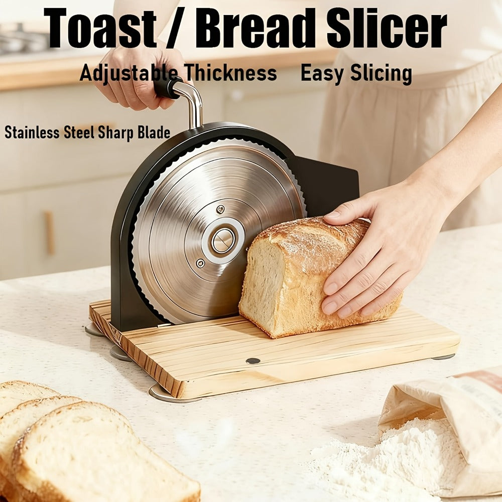 Bread Slicer Manual Adjustable Thickness Uniform Slices Hand Crank Serrated Blade Suction for Entryways, Bedrooms and Living Spaces
