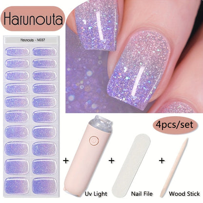 Semi Cured Gel Nail Strips Kit with Handheld LED Nail Lamp, 20 Real Gel Nail Stickers Wraps for DIY Nail Art