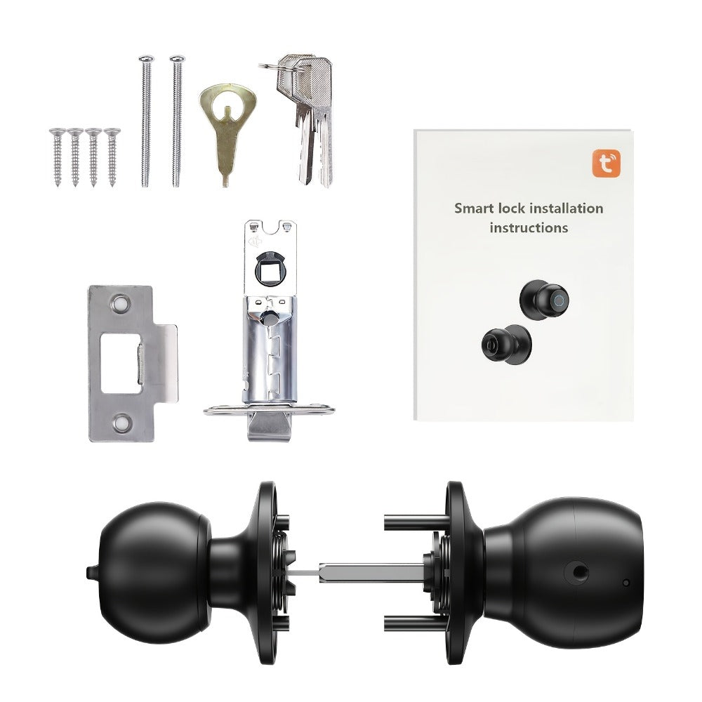 Smart Door Lock Tuya Smart Life Round Knob with Fingerprint App and Mechanical Key Access in Black