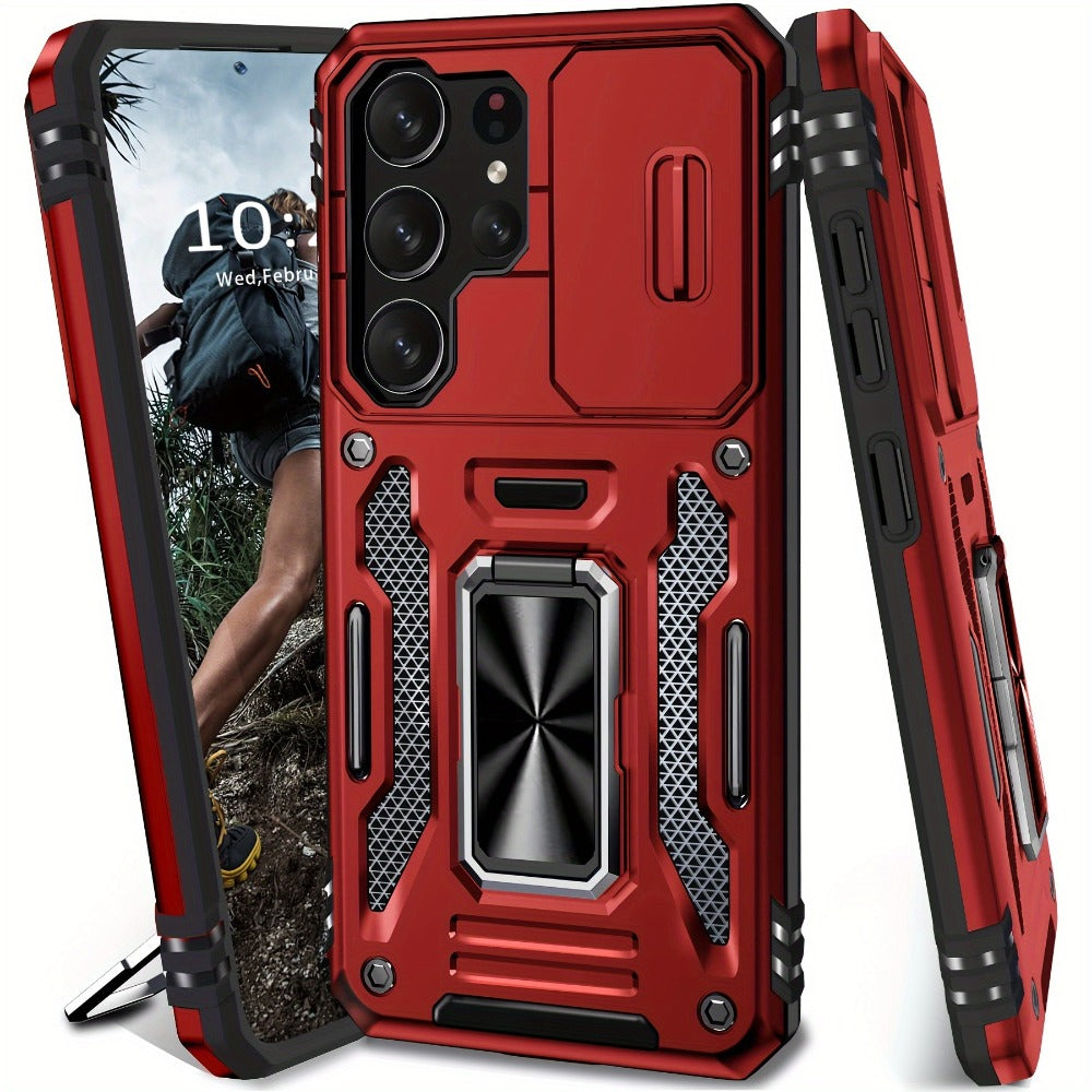 Samsung Galaxy Shockproof Magnetic Phone Case with 360° Rotating Ring Bracket & Sliding Lens Protector – Heavy Duty Cover for S24FE S23FE