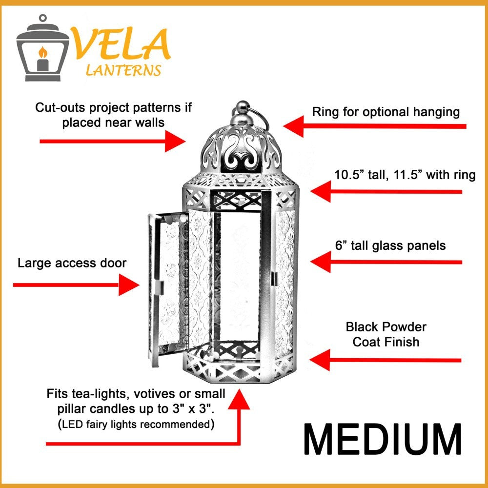 Moroccan Candle Lantern Holder - Decorative Metal & Glass Lantern with Embossed Floral Design for Indoor Home Decor