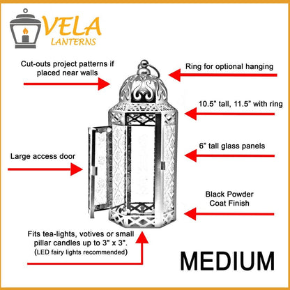 Moroccan Candle Lantern Holder - Decorative Metal & Glass Lantern with Embossed Floral Design for Indoor Home Decor