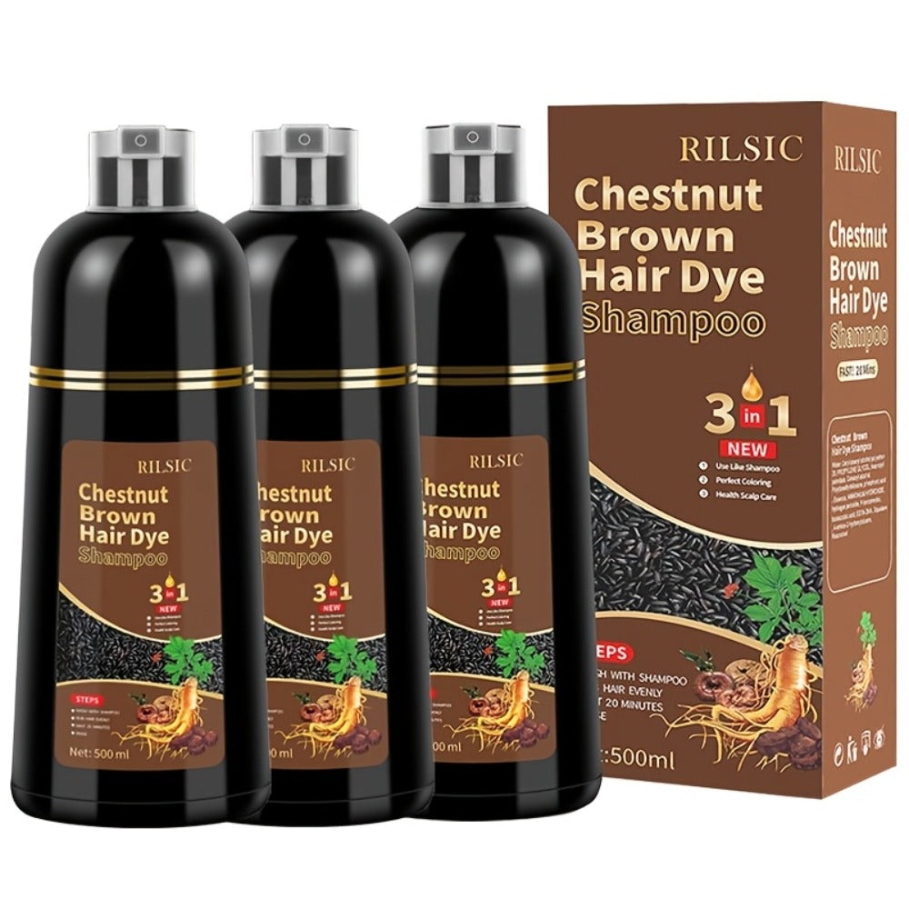 Hair Dye Shampoo, RILSIC Three-Pack of 500ml Bottles in Black, Brown, Dark Brown or Chestnut Brown