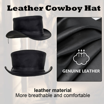 Genuine Leather Top Hat Steampunk Gentleman Shapeable Brim, Real Cowhide Low Crown Topper for Men & Women S-3XL