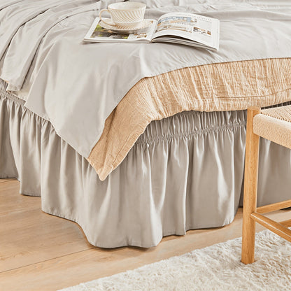 Bed Skirt Elastic Wrap Around Ruffle – 15 Inch Drop Microfiber Dust Ruffle, Adjustable No-Lift Fit, Fade Resistant Machine Washable