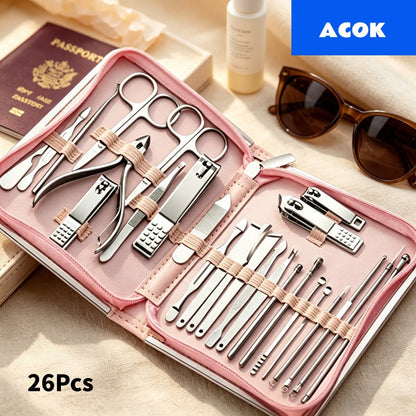 Manicure Pedicure Set 26pcs Pink Stainless Steel – Precision Nail Clippers Cuticle Nipper & Dead Skin Scissors 45° Blade Professional