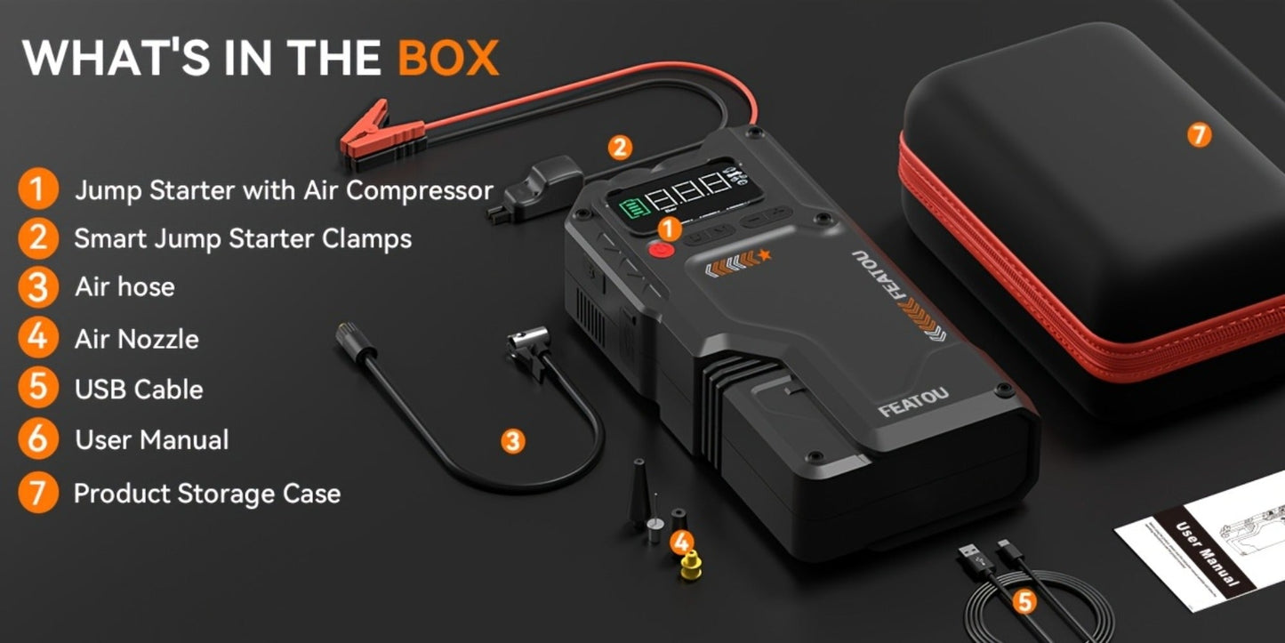 Jump Starter with Air Compressor 5000A/7000A Peak – 150PSI Digital Tire Inflator, Portable Battery Pack for 10L Gas & Diesel