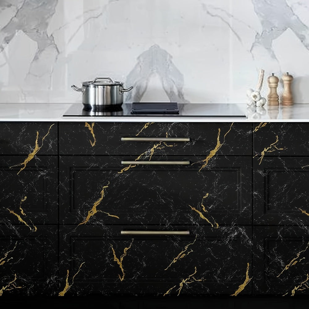 Black Marble Wallpaper Self-Adhesive Peel and Stick | Gold Vein Kitchen Backsplash Contact Paper | 23.62" x 196.85" Large Removable Wall