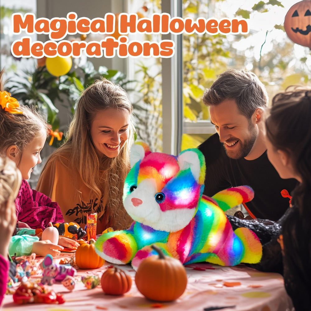 Plush Toy Rainbow Cat with LED Glow and Optional Music for Colorful Kawaii Room Display and Gifting