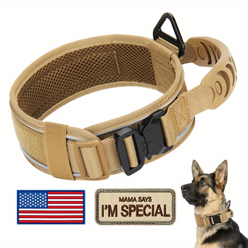 Wide Tactical Dog Collar with Padded Grab Handle, Reflective Stitching, Two Patches and M–XL Sizing