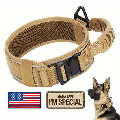 Wide Tactical Dog Collar with Padded Grab Handle, Reflective Stitching, Two Patches and M–XL Sizing