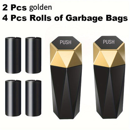 Diamond-Pattern Mini Car Trash Can Pair with Four Bag Rolls, Push Lids and Four Color Choices