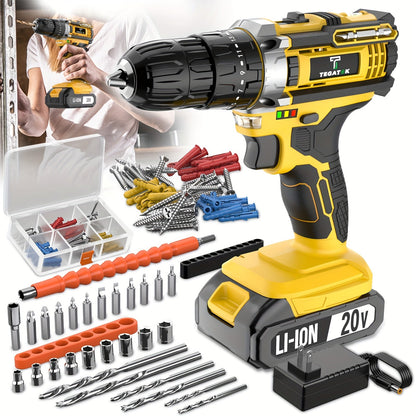 20V Cordless Drill Set Impact Power Drill 3/8 Inch Keyless Chuck 18+3 Clutch 45Nm Max Torque for Entryways, Bedrooms and Living Spaces