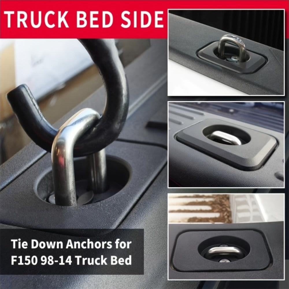 Truck Bed D-Ring Tie Down Anchors – Stainless Steel, No-Drill Install, Fits Ford F150 ‘98-’14, Super Duty ‘98-’16, Dodge RAM ‘95-’08