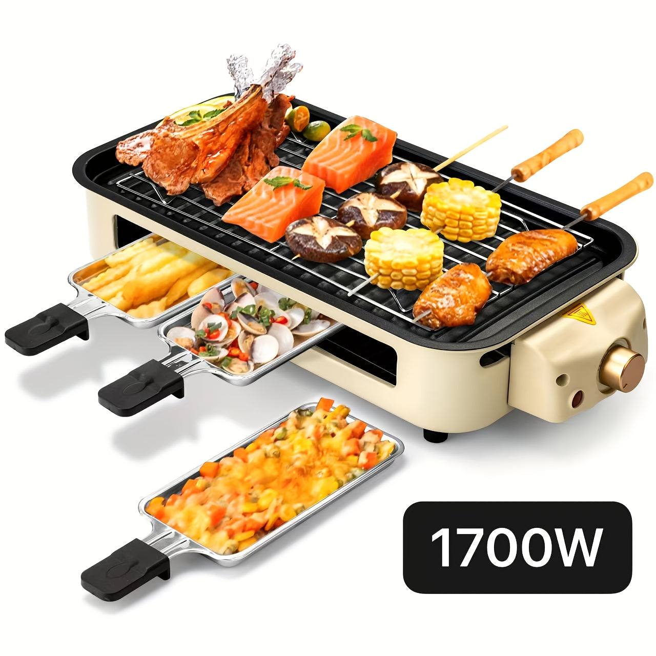 Indoor Electric Smokeless Grill 1700W with Raclette Pans, Non-Stick Plate, Portable Tabletop BBQ Griddle for Couples