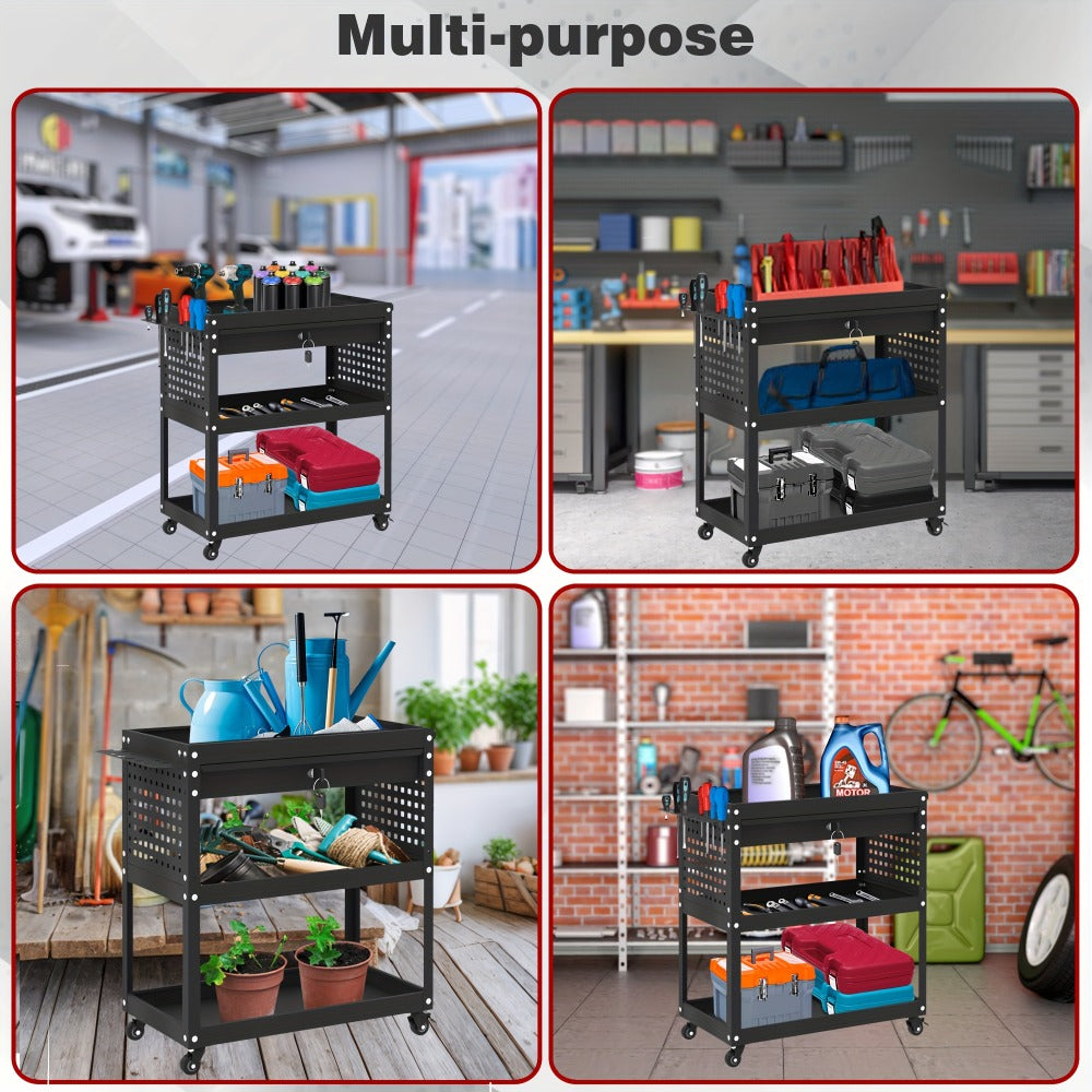 Rolling Tool Cart 3-Layer with Drawers & Screw Box Storage, Heavy-Duty Mechanic Trolley on Wheels for Garage Workshop Repair Shop