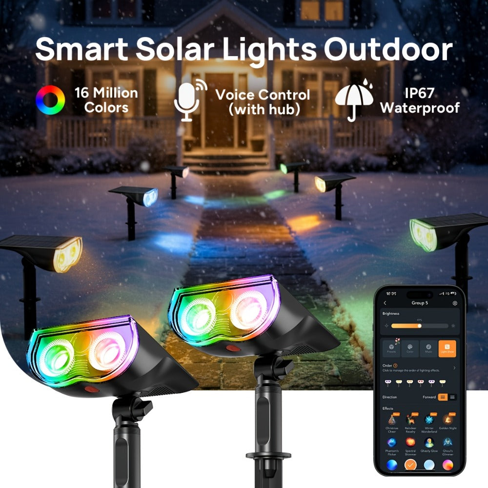 Solar Outdoor Spotlights RGB Smart Color Changing, App & Voice Control, Music Sync, 16M Colors, 14H Battery
