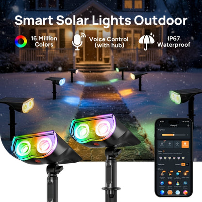 Solar Outdoor Spotlights RGB Smart Color Changing, App & Voice Control, Music Sync, 16M Colors, 14H Battery