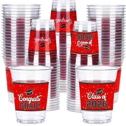 Graduation Plastic Mugs 100 Pack 14oz, 2026 Graduation Party Cups in Black Red Blue Green Purple Maroon for Graduation Ceremony