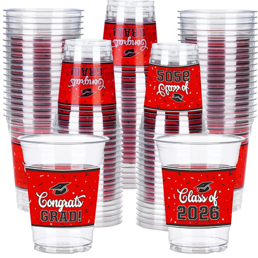 Graduation Plastic Mugs 100 Pack 14oz, 2026 Graduation Party Cups in Black Red Blue Green Purple Maroon for Graduation Ceremony